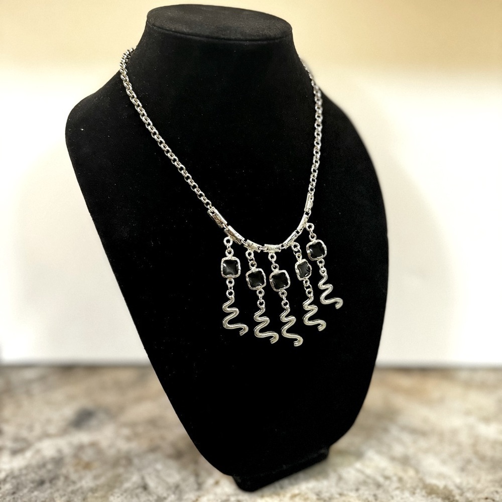 Silver tone & Black Unique Necklace with Five Hanging‎ Pendents